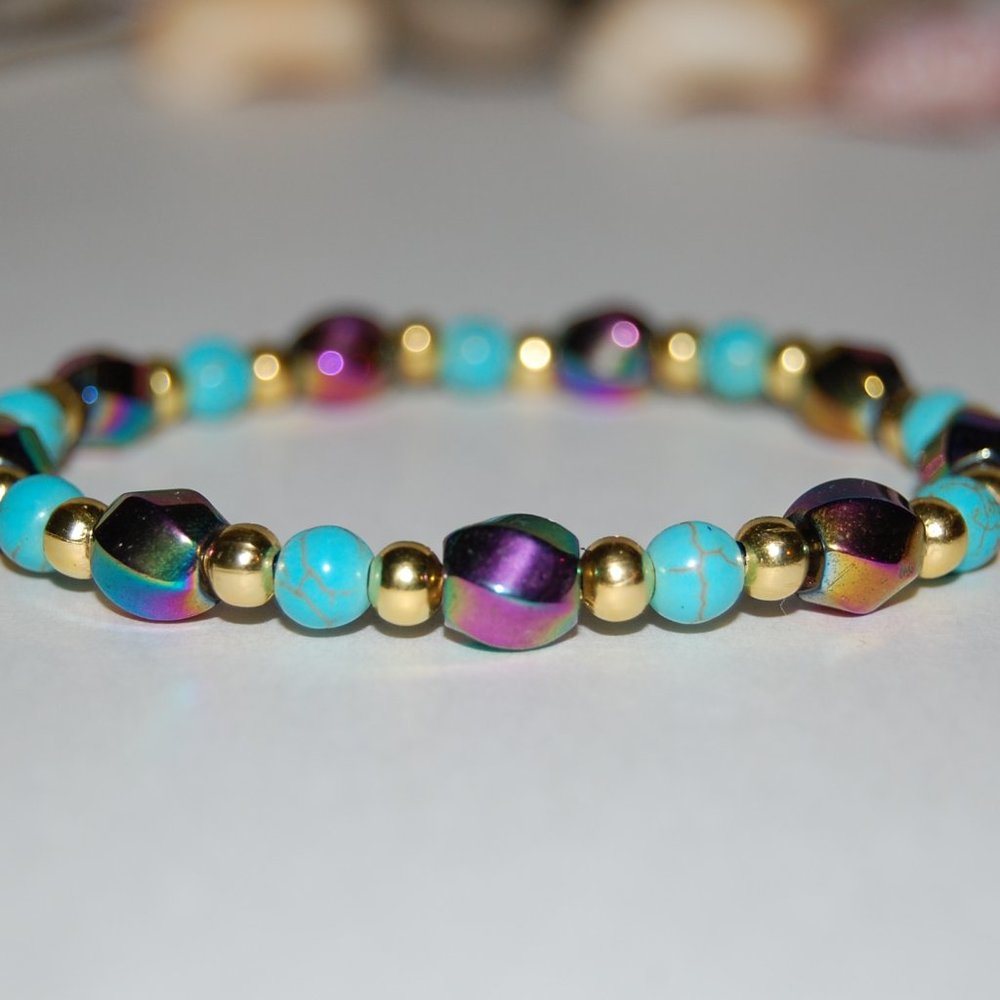Rainbow Magnetic Hematite Bracelet,Blue Turquoise Beads Bracelet,Pretty